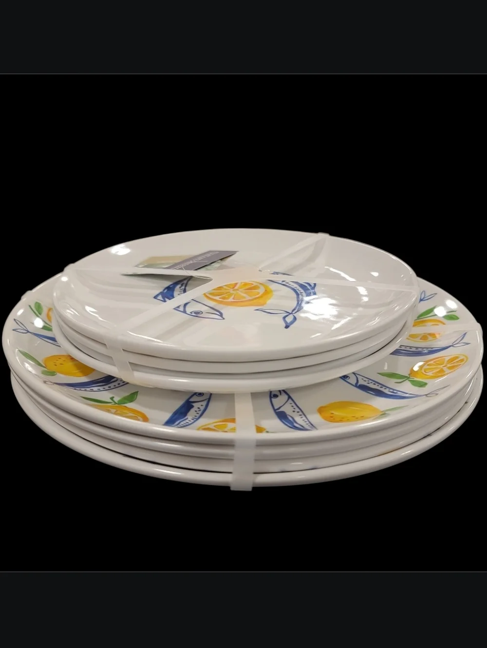 8 Tommy Bahama Sardine Lemon Blue Fish MELAMINE Dinner & Salad Plates Set New - Picture 7 of 8